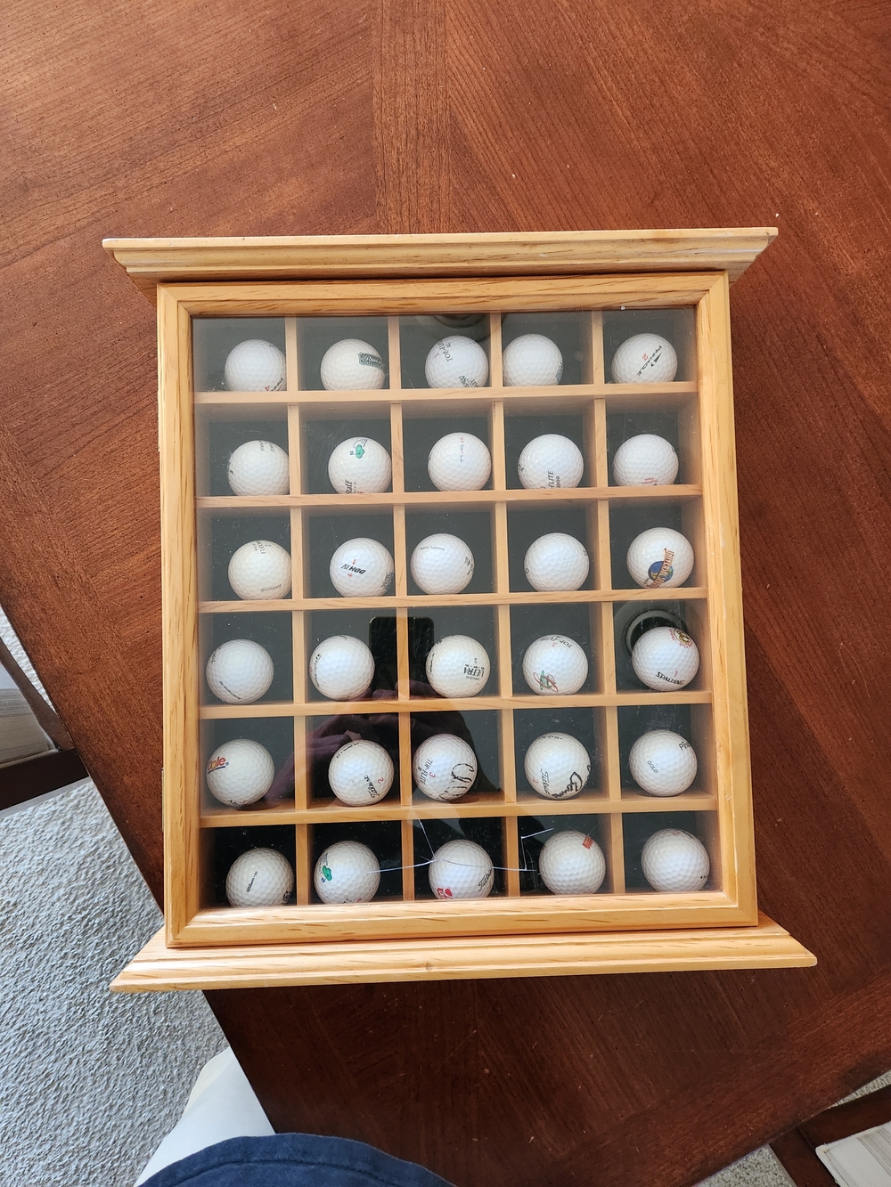 Vintage Wooden Display Case with 36 Golf Balls & Few Signed.